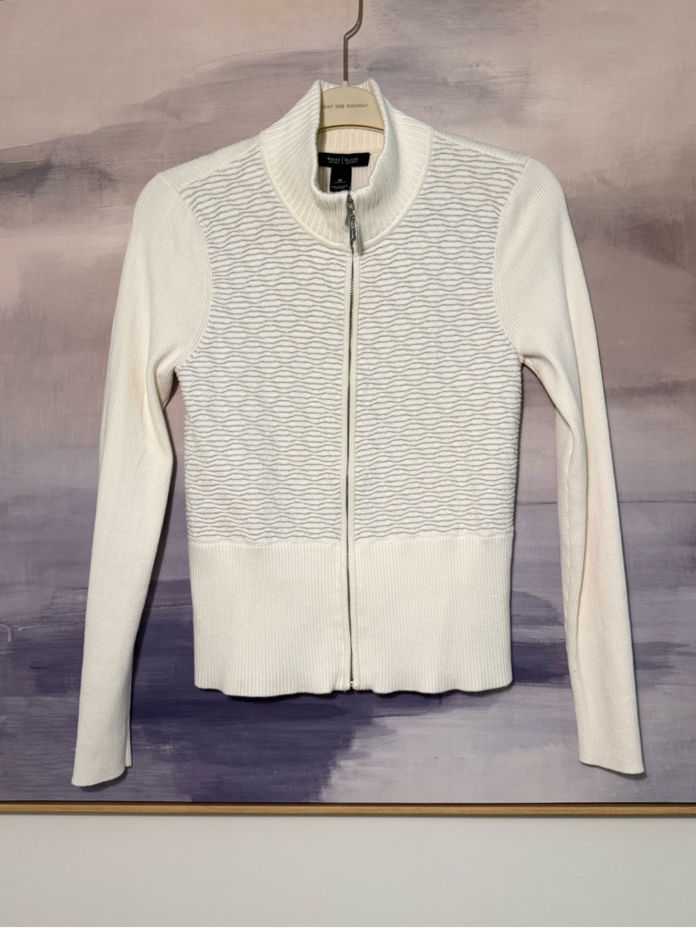 Cream Full-Zip Textured Ribbed Knit Sweater Jacket with‎ Silver Shimmer Thread